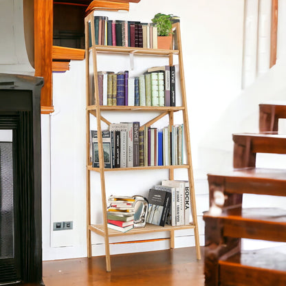 Bamboo 4-Tier Ladder Bookshelf: Versatile Freestanding Display Stand with Anti-Tipping Feature, Multi-Purpose Storage Shelving Unit