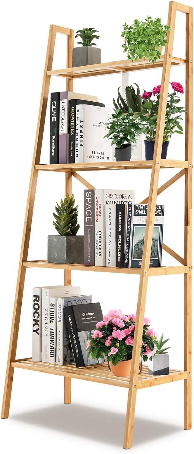 Bamboo 4-Tier Ladder Bookshelf: Versatile Freestanding Display Stand with Anti-Tipping Feature, Multi-Purpose Storage Shelving Unit