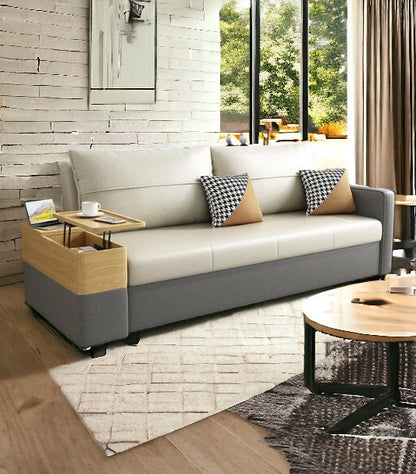 Convertible Sleeper Sofa with Lift Top End Table and Storage in Beige & Gray, 77 Inches