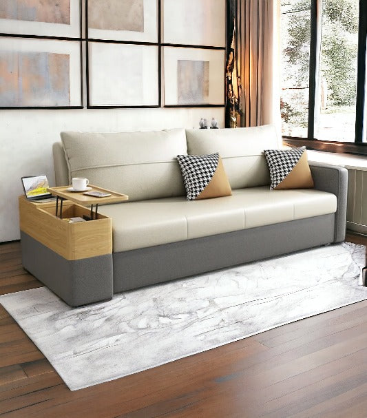 Convertible Sleeper Sofa with Lift Top End Table and Storage in Beige & Gray, 77 Inches