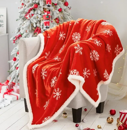 Cozy Christmas Flannel Lamb Blanket with Snowflakes and Reindeer Print: Perfect for Couch, Sofa, or Bed Warmth and Holiday Home Decor in Festive Red