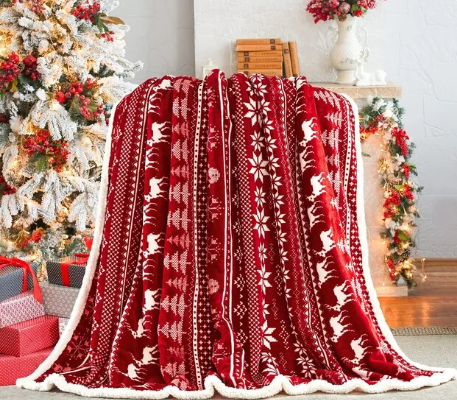 Cozy Christmas Flannel Lamb Blanket with Snowflakes and Reindeer Print: Perfect for Couch, Sofa, or Bed Warmth and Holiday Home Decor in Festive Red