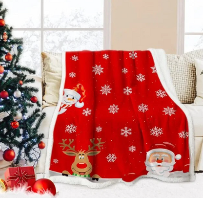 Cozy Christmas Flannel Lamb Blanket with Snowflakes and Reindeer Print: Perfect for Couch, Sofa, or Bed Warmth and Holiday Home Decor in Festive Red