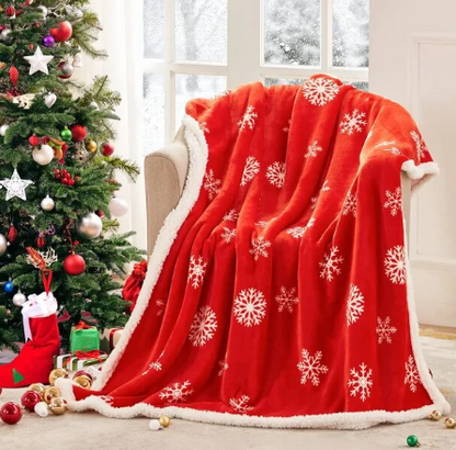 Cozy Christmas Flannel Lamb Blanket with Snowflakes and Reindeer Print: Perfect for Couch, Sofa, or Bed Warmth and Holiday Home Decor in Festive Red