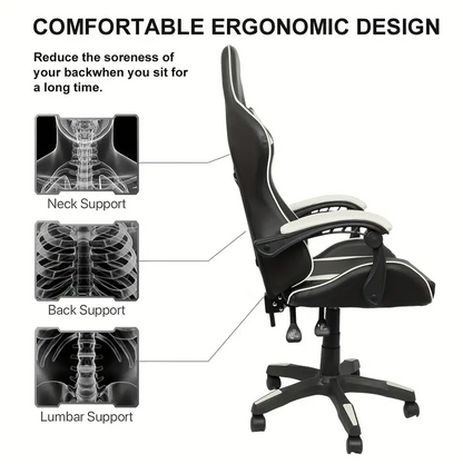 Premium Ergonomic Reclining Gaming and Office Chair in White PU Leather with Headrest, Lumbar Support, and Adjustable Features for Comfortable Gameplay and Work Sessions