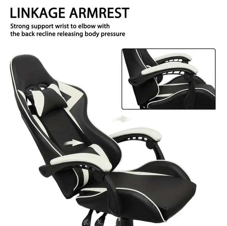 Premium Ergonomic Reclining Gaming and Office Chair in White PU Leather with Headrest, Lumbar Support, and Adjustable Features for Comfortable Gameplay and Work Sessions