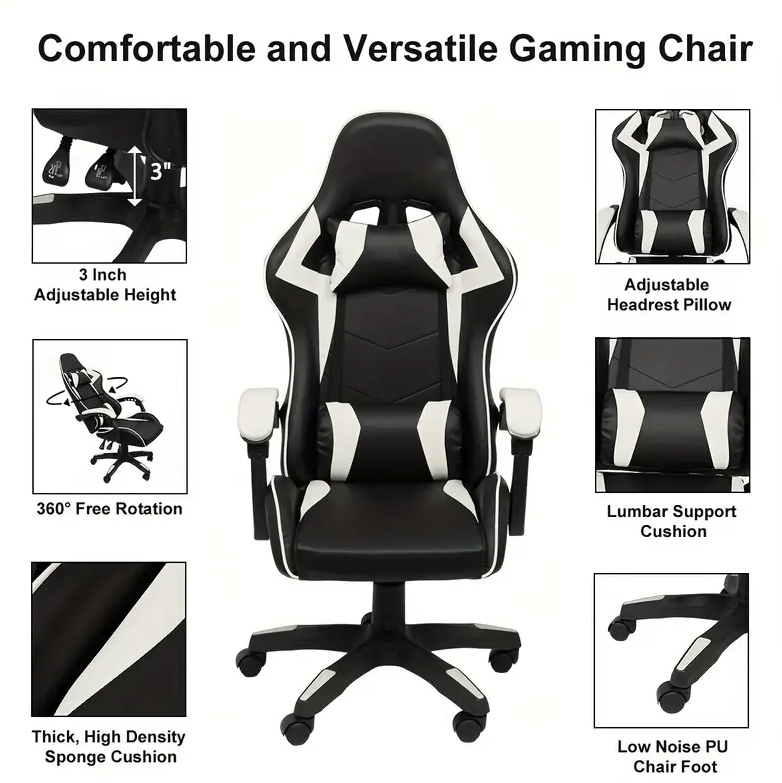 Premium Ergonomic Reclining Gaming and Office Chair in White PU Leather with Headrest, Lumbar Support, and Adjustable Features for Comfortable Gameplay and Work Sessions